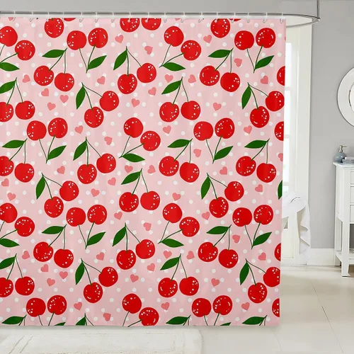 Miniatura 20 de Feelyou Accesorios impermeables de baño de cereza roja con 12 ganchos, cortina de ducha de frutas de dibujos animados para niñas, mujeres y niños