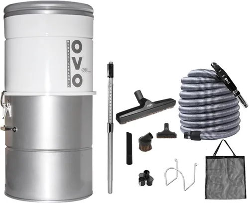 OVO Sistema de Aspiración Central Grande y Potente, Filtración Híbrida (con o sin Bolsas Desechables), 25L o 6.6 Galones, 630 Airwatts + Kit de