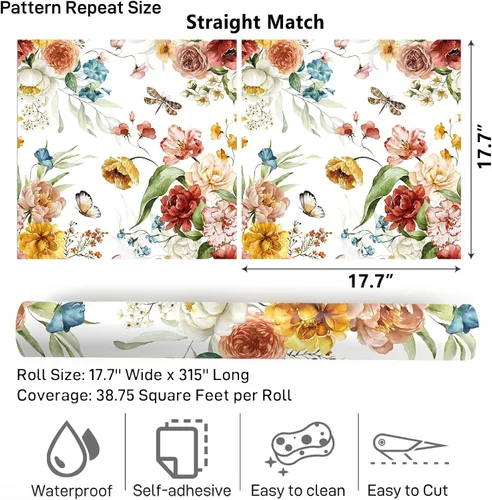 Miniatura 9 de VaryPaper Papel tapiz vintage de peonía floral para despegar y pegar de 17.7 x 315 pulgadas, papel tapiz de mariposa de petunia, papel de contacto
