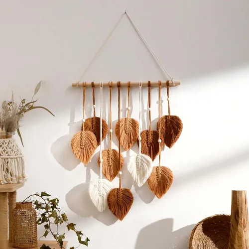 Miniatura 8 de Tapiz de hojas de macramé para decoración de pared, tapices tejidos bohemios, arte de pared de hojas de otoño, grandes borlas bohemias, adorno