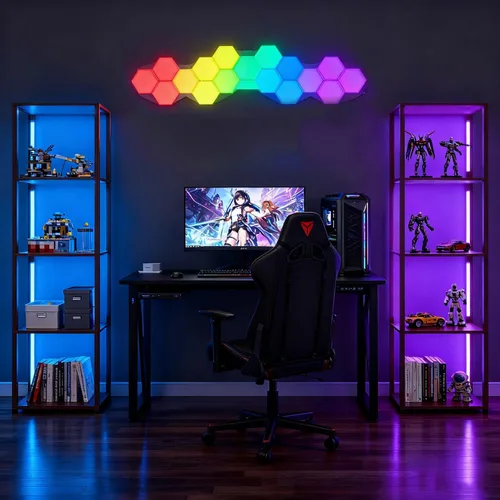 Miniatura 7 de RGBCW - Lámpara de pie con estantes, lámpara de pie LED inteligente moderna con sincronización de música, lámpara de estante de esquina que cambia