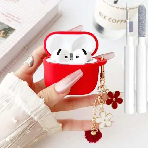 Miniatura 34 de Bonita funda negra para Airpods de 2ª/1ª generación para niñas y mujeres, con llavero de pompón de flores y kit de limpieza, funda protectora tipo