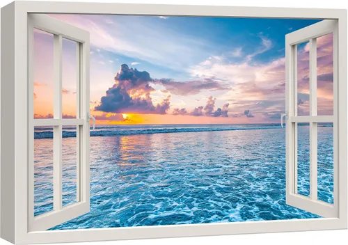 Miniatura 42 de wall26 - Cuadro en lienzo para pared, vista de ventana, atardecer neón, cielo, palmera tropical, playa, naturaleza, desierto, fotografía, realismo