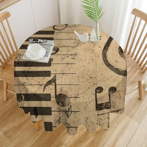 Miniatura 3 de Mantel redondo de cocina con notas musicales retro, estilo rústico y occidental, con estampado de teclas de piano y teclas, mantel redondo
