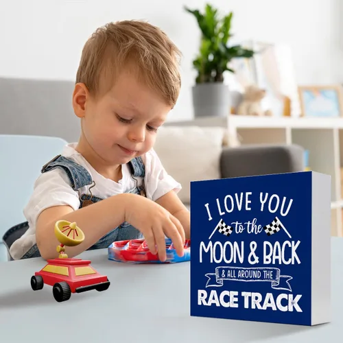 Miniatura 5 de Letrero de madera "I Love You To The Moon And Back And All Around The Race Track" para decoración de escritorio, letrero de caja con banderas a