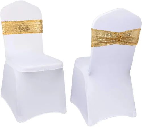 Miniatura 13 de Eternal Beauty Juego de 10 lazos de lentejuelas para silla, bandas doradas para decoración de fiesta de boda