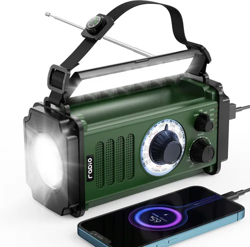 Radio de emergencia 10000mAh/37000mWh, radio solar, radio de manivela, radio meteorológica NOAA AM FM, 4 métodos de carga, batería de polímero,