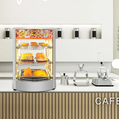 Miniatura 8 de ROVSUN Calentador de alimentos de 3 niveles, calentador de pizza para encimera, pantalla de calentador de alimentos comercial con iluminación LED