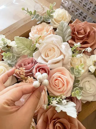 Miniatura 40 de FACINOC Ramos de Rosas Artificiales Naranjas, Juego de Caja de Flores Artificiales con Tallos para DIY, Bodas, Despedidas de Soltera, Decoraciones