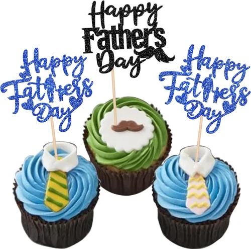 Miniatura 18 de Paquete de 24 adornos para cupcakes con purpurina para el Día del Padre, con purpurina para el mejor papá del mundo, sombrero de bigote #1