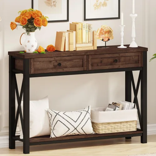 Miniatura 12 de BON AUGURE - Mesa de consola rústica detrás del sofá, mesa industrial de entrada con estantes, mesas de sofá de 3 niveles estilo granja para sala