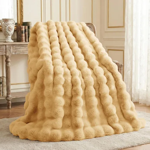 Miniatura 17 de L'AGRATY - Manta de piel sintética de 50" x 60" de lujo, suave y esponjosa, de pelo de conejo, para cama, sofá o diván - Manta mullida y decorativa