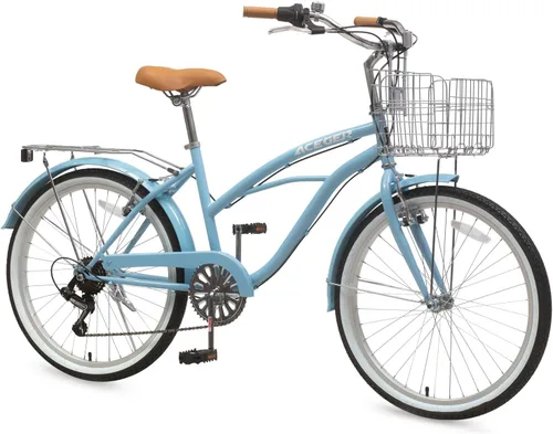 ACEGER Girls Bike with Rattan Basket for 10+ Years, 24" 26" 1 & 7 Speed Comfort Commute Bicycle, Included Dual Brakes & Seat Rack, Adjustable
