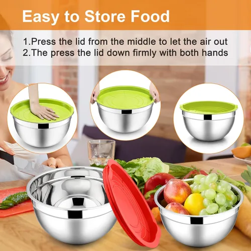 Miniatura 7 de E-far Tazones para mezclar con tapas, juego de 6 piezas de tazones para ensalada de acero inoxidable, tazones de metal anidables para hornear