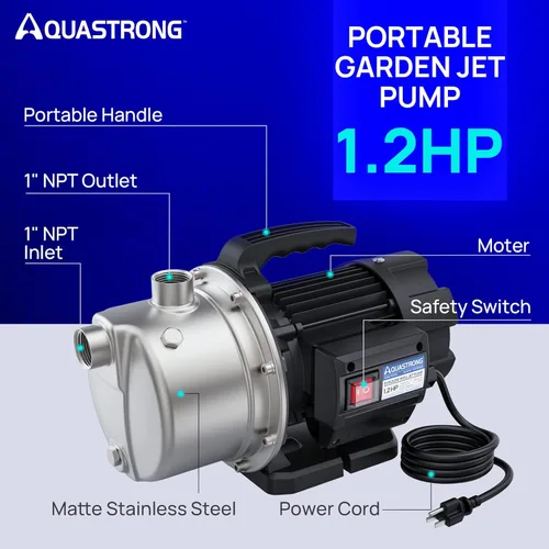 Miniatura 3 de Aquastrong Bomba de pozo poco profundo portátil de 1.2 HP, 1209 GPH, 115V, de acero inoxidable, bomba de riego para aspersores/transferencia de agua