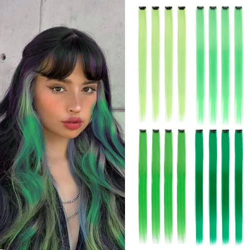 Miniatura 22 de 16 piezas de extensiones de cabello con clip de color púrpura, varios colores, para fiestas, clip en postizo sintético, para Halloween, cosplay