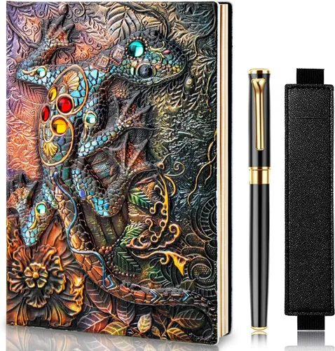 FEIDIAO Cuaderno de Cuero con Relieve de Lagarto Vintage, Cuaderno DND, Diario de Viaje con Bolígrafo y Funda para Bolígrafo, Diario de Cuero PU,