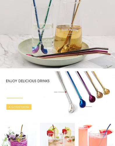 Miniatura 4 de 7 popotes de metal para beber con 2 cepillos de limpieza de 8.5 pulgadas, cuchara de barra reutilizable para café helado, bebida congelada, batidos