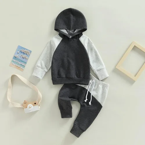 Miniatura 134 de Ropa de bebé niño 3 6 9 12 18 24M 3T Conjunto de pantalones con capucha patchwork sudadera con capucha pantalones de rayas traje de otoño invierno