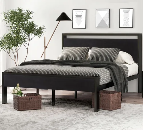 SHA CERLIN Armazón de cama de plataforma metálica de tamaño completo de 14 pulgadas con cabecero y pie de cama de madera, base de colchón, no Roble