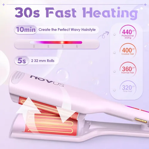 Miniatura 5 de NOVUS Rizador de Cabello Rizador de Ondas - Varita Rizador de 1.25 Pulgadas Anti-Quemaduras, Rizador de Cabello Iónico de Ondas Profundas con 2