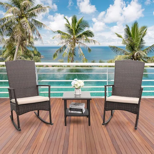 Miniatura 3 de Mecedora de mimbre de polietileno para exteriores, juego de 3 piezas, 2 sillones mecedores, mesa auxiliar de café, muebles lavables con cordones