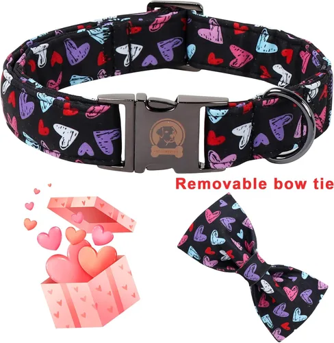 Miniatura 2 de Collar de perro negro de San Valentín con corbatín, lindo collar de mascota duradero con patrón de corazón rojo, collar ajustable para cachorros