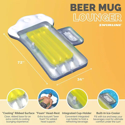 Miniatura 9 de Swimline Flotador inflable para piscina con cama, tumbona, esterilla divertida, taza de cerveza, amarillo