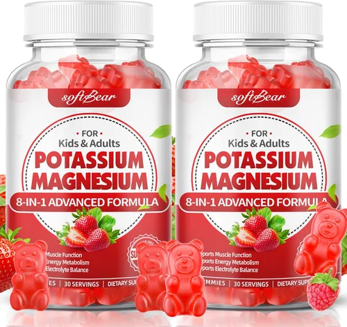 softbear Gomitas de potasio para adultos, suplemento de magnesio y potasio de alta absorción con vitamina B6 para calambres en las piernas y salud
