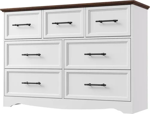 Miniatura 12 de YANSNWO Cómoda de Granja Negra para Dormitorio, Moderna Cómoda de 6 Cajones, Cómoda Alta de 44" con Manijas de Metal Cepillado, Organizadores