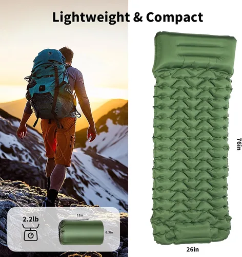 Miniatura 3 de Almohadilla de dormir para camping, almohadilla de dormir autoinflable con almohada incorporada bomba de pie, almohadillas inflables ultraligeras