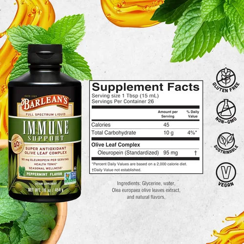 Miniatura 6 de Barlean's Suplemento líquido de apoyo inmunológico con complejo de hoja de olivo de menta, 95 mg de antioxidantes de oleuropeína, 16 onzas