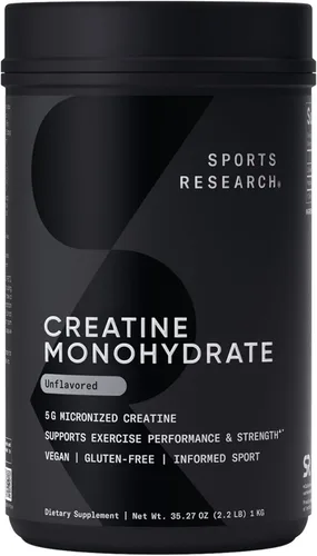 Sports Research Monohidrato de creatina - Gana músculo magro, mejora el rendimiento y la fuerza y apoya la recuperación del entrenamiento - 0.18 oz