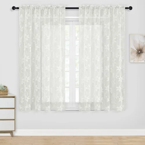 Miniatura 19 de DWCN Paquete de 2 cenefas de encaje floral para cocina, 52 x 18 pulgadas, con bolsillo para barra, cortina de gasa para ventana pequeña, cocina