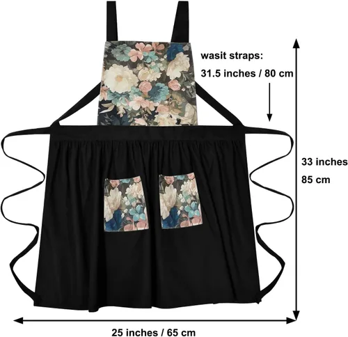 Miniatura 2 de Delantal Vintage Lindo para Mujer con Bolsillos, Delantal con Espalda Cruzada para Cocinar, Hornear, Cocina, Jardinería Negro