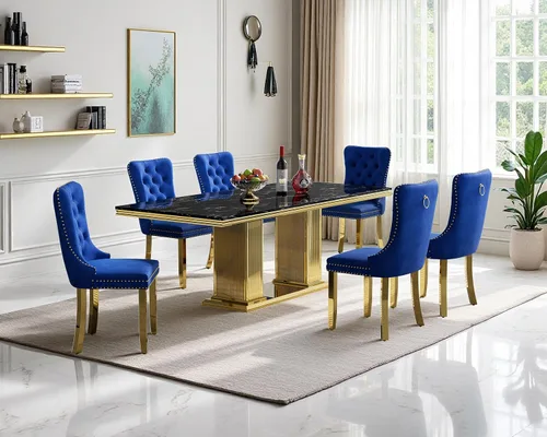 Miniatura 13 de Henf Juego de mesa de comedor de mármol sintético de 68 pulgadas para 6, juego de mesa de comedor de 7 piezas con 6 sillas copetudas de terciopelo