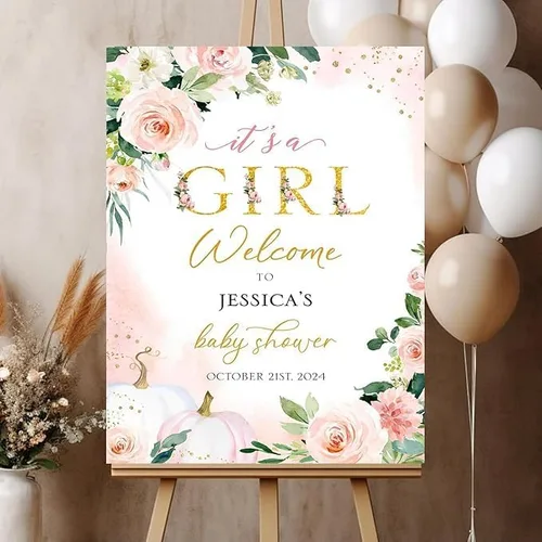 Personalized It’s A Girl Baby Shower Welcome Sign, Custom Floral Girl Baby Shower Sign with Stand for Entryway Decor, Sweet Baby Shower Party Sign