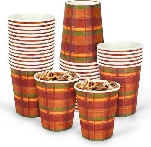 Whaline Vasos de papel de Acción de Gracias, tazas desechables de otoño, naranja, rojo, verde, búfalo a cuadros, taza de fiesta para jugo, café,