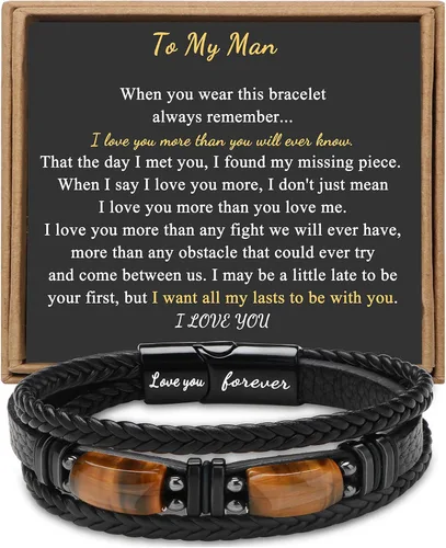 Miniatura 15 de Regalos únicos para hombres, pulsera de cuero para hombres, papá, novio, hijo, nieto, hermano, te amo para siempre, piedra ojo de tigre, día