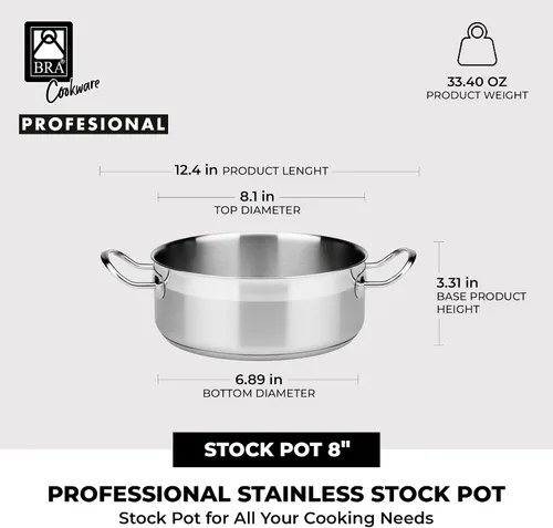 Miniatura 3 de BRA COOKWARE Olla profesional de acero inoxidable 18/10 con tapa de vidrio Olla profesional de 8 pulgadas de 2.4 cuartos de galón Base de 0.217