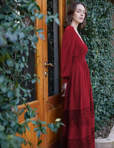 Miniatura 100 de Vestido largo de encaje para mujer de manga corta y cuello en V, vestido de fiesta estilo bohemio con cintura fruncida, vestido bohemio para mujer