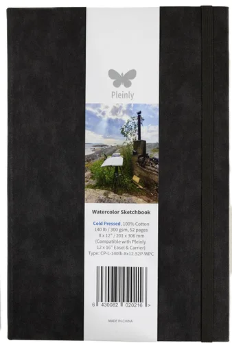 Pleinly Cuaderno de bocetos de acuarela 100% algodón, prensa en frío, 8 x 12 pulgadas, grande, 140 libras (10.58 oz/m²), 26 hojas de retrato, papel
