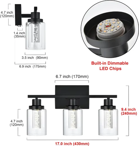 Miniatura 6 de MELUCEE Lámparas de tocador de baño, 3 luces LED sobre espejo, 3000 K-6000 K, moderna luz negra para baño con pantalla de cristal de burbujas, chips