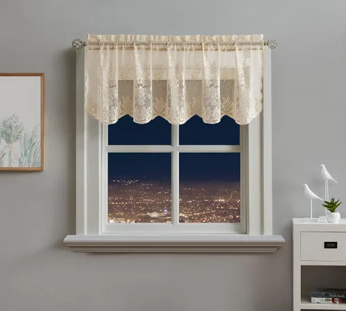 Miniatura 8 de Warm Home Designs El paquete de 3 cortinas de lino dorado para ventana de cocina incluye 2 niveles de 24 pulgadas y cenefa con festón. Juego