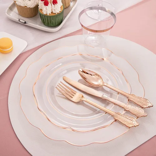 Miniatura 2 de NOCCUR 350 platos de plástico color oro rosa, juego de vajilla desechable de oro rosa transparente, incluye 100 platos de cena/postre, 50 tazas, 50