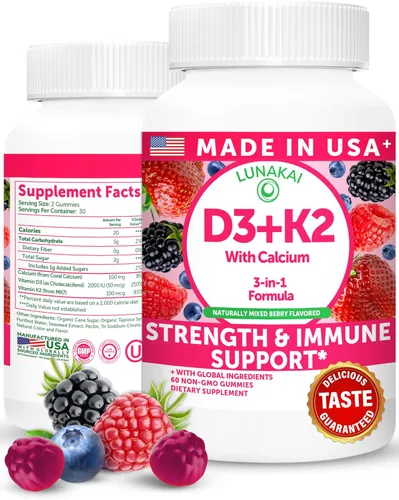 Lunakai Gomitas de vitamina D3 K2 hechas en Estados Unidos con calcio – Suplemento vegano diario 3 en 1 para apoyo óseo e inmunológico para mujeres,