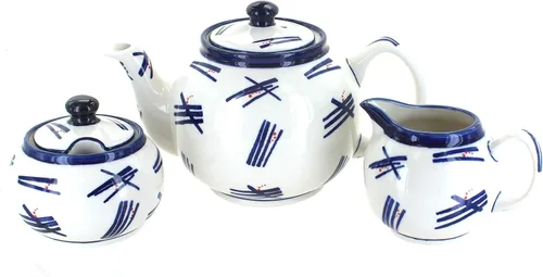Miniatura 2 de Juego de té pequeño de tres piezas de pavo real de cerámica polaca de rosa azul