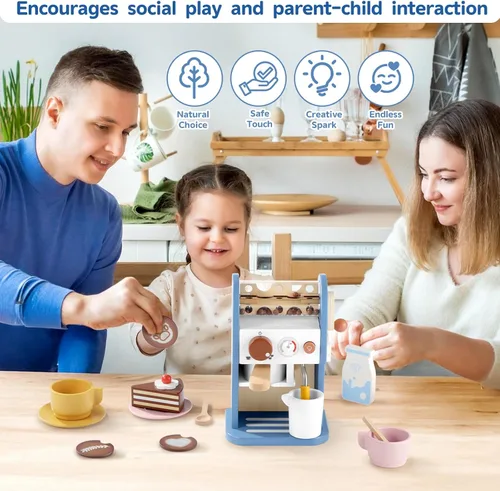 Miniatura 7 de GAGAKU Máquina de café de madera de juguete con molinillo, 15 piezas, accesorios de cocina de madera para niños, no tóxico, juego de simulación, Azul