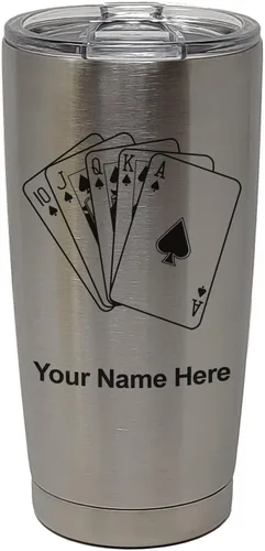 Miniatura 30 de LaserGram Vaso aislado al vacío de 20 onzas, tarjetas de póquer Royal Flush con grabado personalizado incluido (negro)