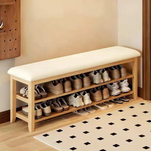 Miniatura 11 de Banco de zapatos con cojín de cuero, banco de entrada de madera maciza rústica con 2 estantes ajustables en altura y extraíbles para pasillo, sala